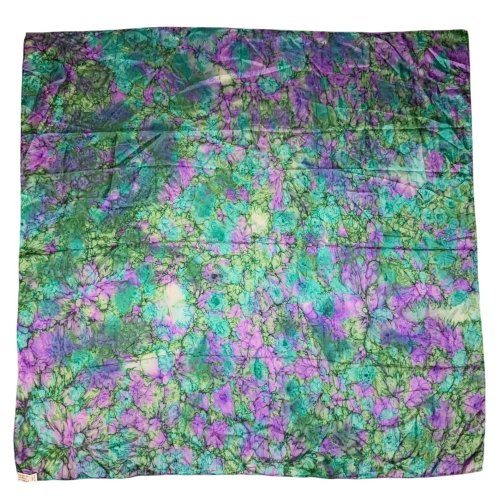 Pure Silk Square Scarf 35" Women's Green Purple Hand Rolled Batik